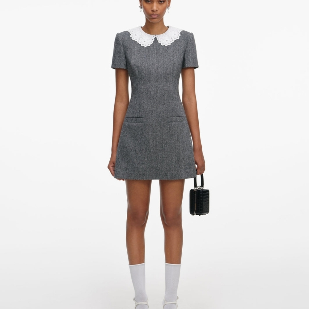 Self-Portrait Grey Herringbone Collared Mini Dress - image 1